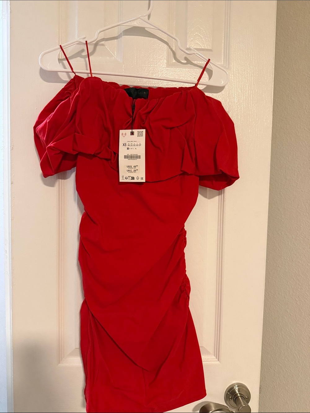 Zara Red Off-Shoulder Mini Dress with Puff Sleeves